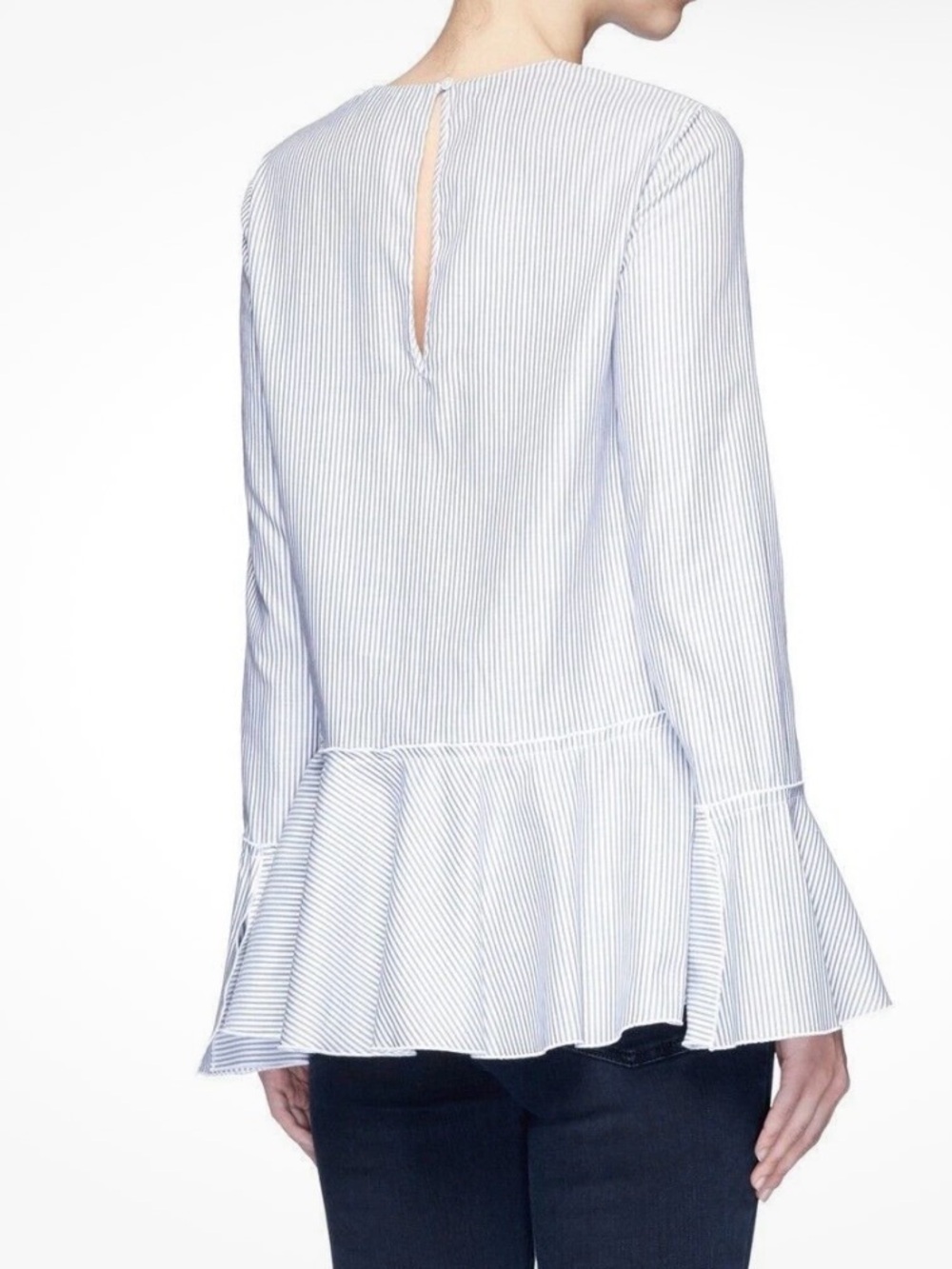Theory Petite Grey White Pinstripe Bell Sleeve Peplum Blouse P XS Cotton Top - Picture 4 of 7